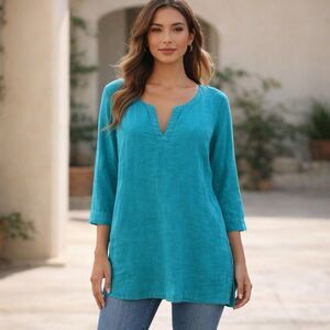 J. Jill 100% Linen 3/4 Sleeve A-Line Tunic Top Teal Blue Beach Vacation Med